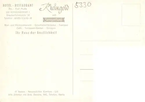AK / Ansichtskarte 73912375 Koenigswinter Hotel Restaurant Rheingold Gastraeume