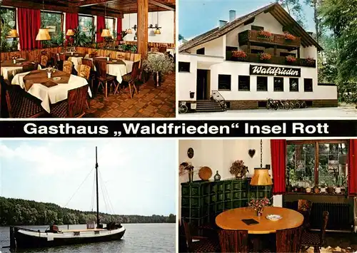 AK / Ansichtskarte 73912413 Linkenheim-Hochstetten Gasthaus Waldfrieden Insel Rott Gastraeumen Fischerboot