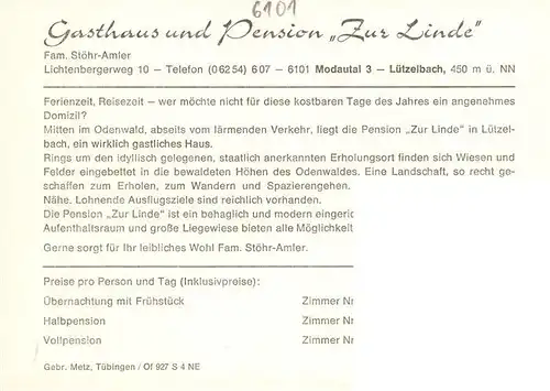 AK / Ansichtskarte  Luetzelbach_Modautal Gasthaus Pension Zur Linde Gastraeume Gartenterrasse