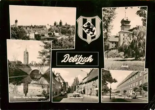 AK / Ansichtskarte 73912658 Delitzsch Panorama Breiter Turm mit Wallgraben Schloss Breite Strasse Duebener Strasse