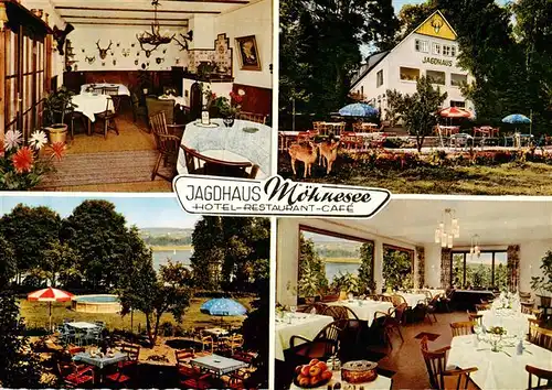 AK / Ansichtskarte 73912738 Koerbecke_Moehnesee Hotel Restaurant Cafe Jagdhaus Moehnesee Gastraeume Terrasse