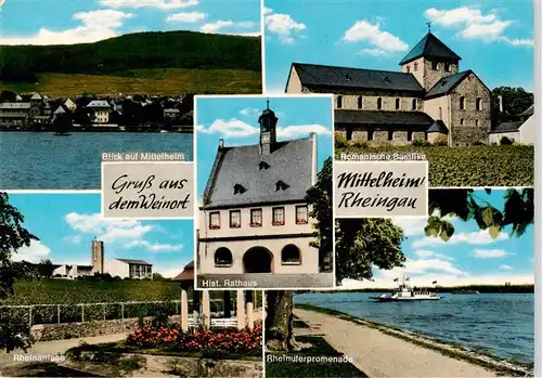 AK / Ansichtskarte  Mittelheim_Rheingau Ortsansicht Romanische Basilika Hist Rathaus Rheinanlage Rheinuferpromenade