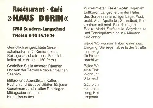 AK / Ansichtskarte 73912998 Langscheid_Sorpesee Ferienwohnungen Haus Dorin Restaurant Gastraeume