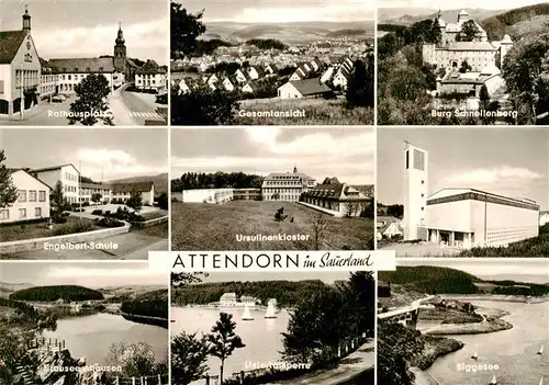 AK / Ansichtskarte 73913035 Attendorn Rathausplatz Panorama Burg Schnellenberg Engelbert Schule Ursulinenkloster Stausee Ustertalsperre Biggesee St Jakob Kirche