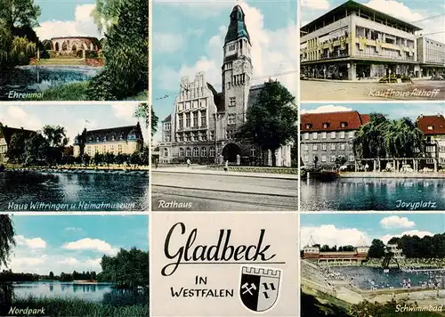 AK / Ansichtskarte 73913088 Gladbeck Ehrenmal Haus Wittringen Nordpark Rathaus Kaufhaus Althoff Jovypltz Schwimmbad