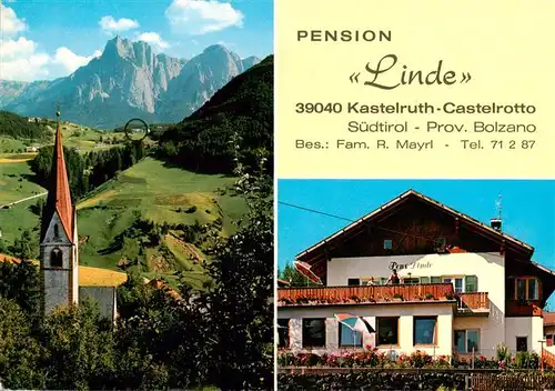 AK / Ansichtskarte  Kastelruth_Suedtirol Panorama Kirche Pension Linde