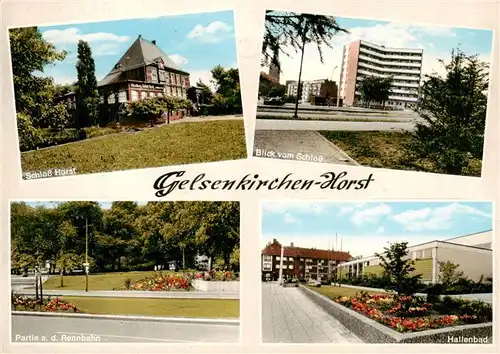 AK / Ansichtskarte 73913324 Horst_Gelsenkirchen Schloss Horst Hochhaus Partie an der Rennbahn Hallenbad