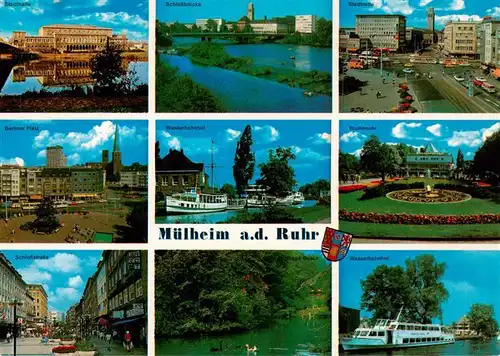 AK / Ansichtskarte 73914096 Muelheim__Ruhr Stadthalle Schlossbruecke Stadtmitte Berliner Platz Wasserbahnhof Blumenuhr Schlossstrasse 