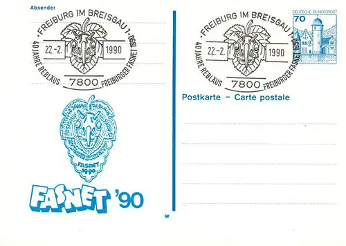 AK / Ansichtskarte 73914166 Freiburg_Breisgau Fasnet 1990 Sonderstempel 40 Jahre Reblaeus Werbung