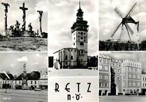 AK / Ansichtskarte  Retz_Weinviertel_AT Teilansichten Hauptplatz Kirche Windmuehle Jesus Kreuz