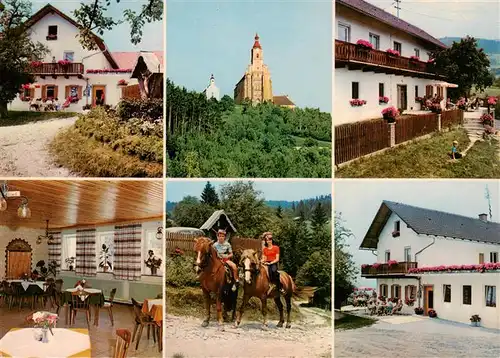 AK / Ansichtskarte  Poellauberg_Steiermark_AT Pension Waldhof Muhr Gastraum Kirche Reiten Terrasse