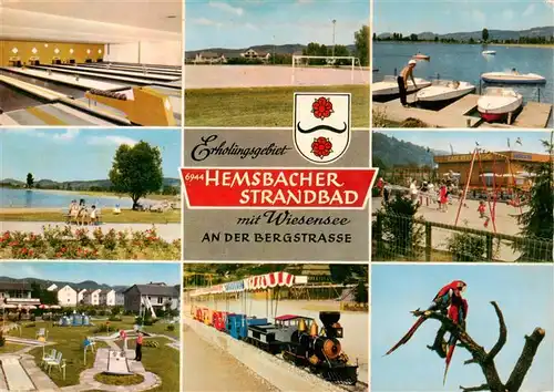 AK / Ansichtskarte 73914393 Hemsbach__Bergstrasse Hemsbacher Strandbad Bowling Strand Minigolf Inselbahn Kinderspielplatz Papageien