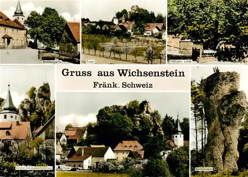 AK / Ansichtskarte 73914680 Wichsenstein_Goessweinstein Strassenpartie Total 1000jaehrige Linde Kirche mit Aussichtsfelsen Spitzenstein