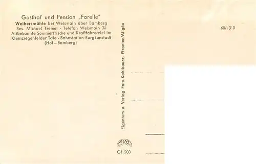 AK / Ansichtskarte  Weismain Gasthof Pension Forelle Weihersmuehle Gastraum Muehlrad Kirche