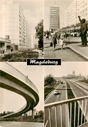 AK / Ansichtskarte  Magdeburg Luebecker Strasse Karl Marx Allee mit Erich Weinert Denkmal und Haus der Lehrer Fussgaengerbruecke ueber die Elbuferstrasse