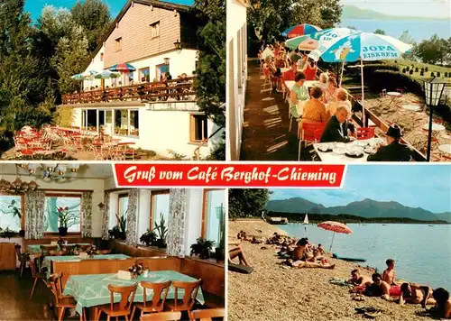 AK / Ansichtskarte 73915040 Chieming_Chiemsee Cafe Berghof Gastraum Terrasse Strandpartie
