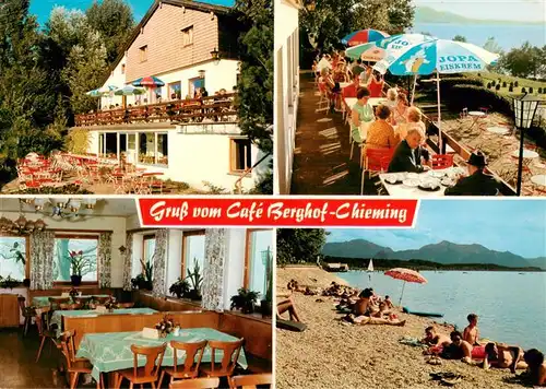 AK / Ansichtskarte  Chieming_Chiemsee Cafe Berghof Gastraum Terrasse Strandpartie