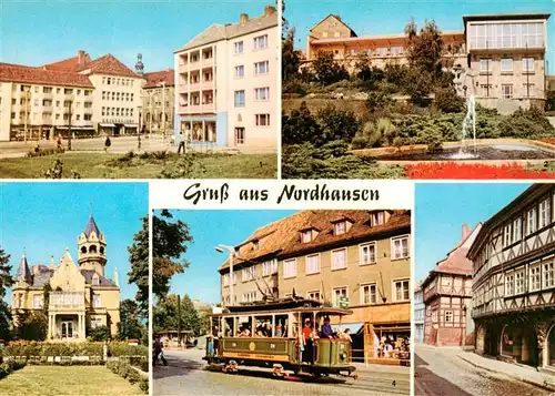 AK / Ansichtskarte 73915072 Nordhausen__Harz Rautenstrasse Gaststaette Stadt Terrasse Meyenburgmuseum Histor Strassenbahn Barfuesserstrasse