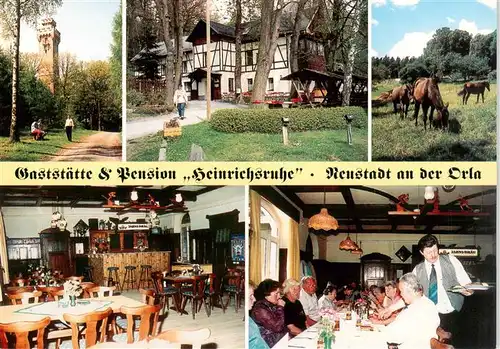 AK / Ansichtskarte 73915284 Neustadt_Orla Turm Park Pferdekoppel Gaststaette Pension Heinrichsruhe Gastraeume