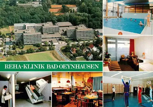 AK / Ansichtskarte 73915383 Bad_Oeynhausen Reha Klinik Bad Oeynhausen Fliegeraufnahme Hallenbad Zimmer Roentgen Spielzimmer Gymnastikraum