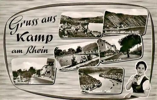 AK / Ansichtskarte  Kamp-Bornhofen_Rhein Rheinuferstrasse Panorama Bornhofen und die feindl Brueder Schwimmbad Boppard Kamp