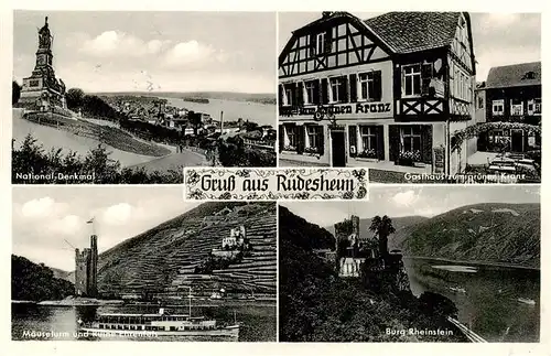 AK / Ansichtskarte 73915984 Ruedesheim_am_Rhein National Denkmal Gasthaus zum gruenen Kranz Maeuseturm und Ruine Ehrenstein Burg Rheinstein