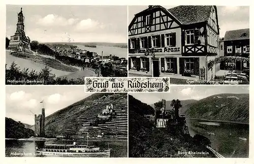 AK / Ansichtskarte  Ruedesheim_am_Rhein National Denkmal Gasthaus zum gruenen Kranz Maeuseturm und Ruine Ehrenstein Burg Rheinstein