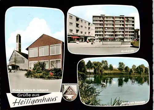 AK / Ansichtskarte 73916175 Heiligenhaus_Mettmann Kirche und Schule St Ludgerus Kirchplatz Partie am Stausee