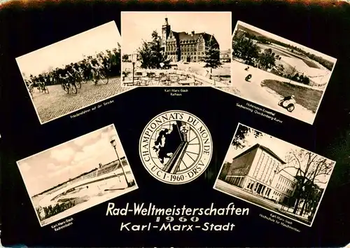 AK / Ansichtskarte 73916216 Karl-Marx-Stadt Rad Weltmeisterschaften 1960 Friedensfahrer auf der Strecke Rathaus Sachsenring Queckenburg Kurve Hochschule fuer Maschinenbau Radrennbahn