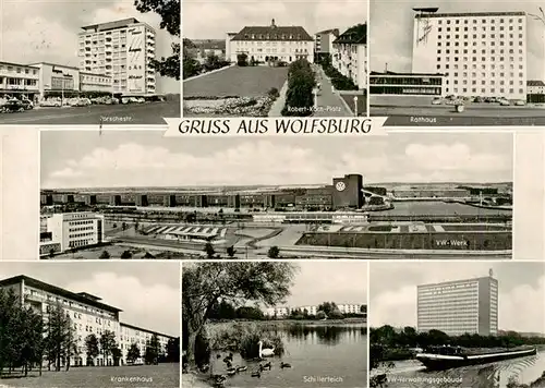AK / Ansichtskarte 73916285 Wolfsburg Porschestrasse Robert Koch Platz Rathaus VW Werk Krankenhaus Schillerteich VW Verwaltungsgebaeude