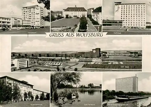 AK / Ansichtskarte  Wolfsburg Porschestrasse Robert Koch Platz Rathaus VW Werk Krankenhaus Schillerteich VW Verwaltungsgebaeude