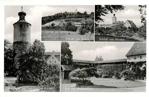 AK / Ansichtskarte 73916811 Pleinfeld Schloss Sandsee Burgfried mit Brunnen Teil des Wehrganges Schloss von Sueden und Norden