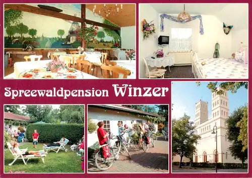 AK / Ansichtskarte 73916914 Straupitz Spreewaldpension Winzer Gastraum Zimmer Liegewiese Kirche