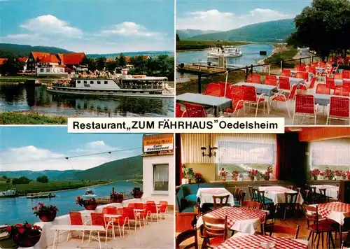 AK / Ansichtskarte 73917170 Oedelsheim_Oberweser Restaurant Zum Faehrhaus Terrasse Gastraum Fahrgastschiff