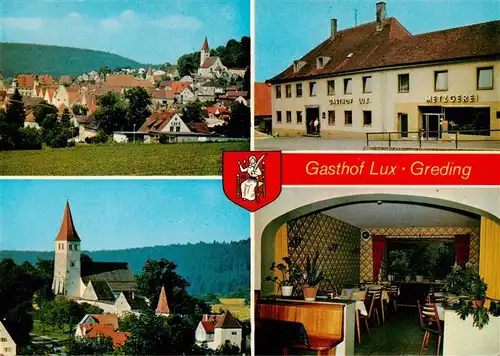AK / Ansichtskarte 73917356 Greding Gasthof Lux Gastraum Ortsansicht mit Kirche
