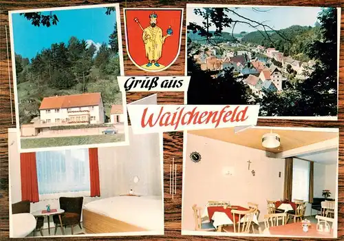 AK / Ansichtskarte 73917358 Waischenfeld Panorama Gaestehaus Pension Haus Feder Wappen