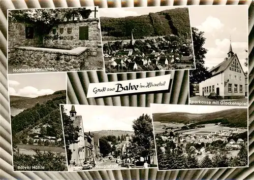 AK / Ansichtskarte  Balve Hoffmeisterbrunnen Balver Hoehle Hauptstrasse Sparkasse mit Glockenspiel Fliegeraufnahmen