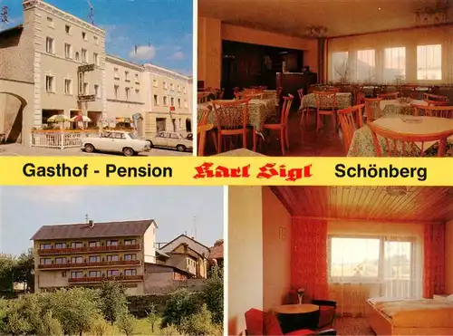 AK / Ansichtskarte 73917535 Schoenberg_Bayerischer_Wald Gasthof Pension Karl Sigl Gastraum Zimmer