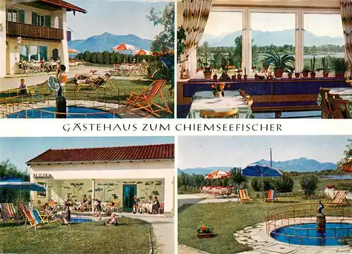 AK / Ansichtskarte 73917538 Grabenstaett_Chiemsee Gaestehaus zum Chiemseefischer Gastraum Terrasse Pool