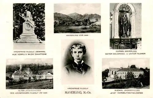 AK / Ansichtskarte 73917802 Mayerling_Baden_Niederoesterreich_AT Kronprinz Rudolf Denkmal Mayerling vor 1889 Karmel Mayerling Altes Jagdschloss Ehem Jagdschloss Kronprinz Rudolf