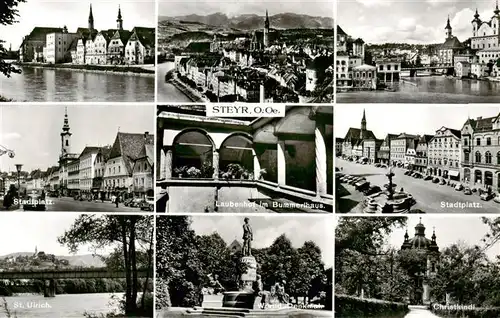 AK / Ansichtskarte  Steyr_Enns_Oberoesterreich Ennspartien Panorama Stadtplatz Laubenhof im Bummerlhaus St Ulrich Werndl Denkmal Christkindl