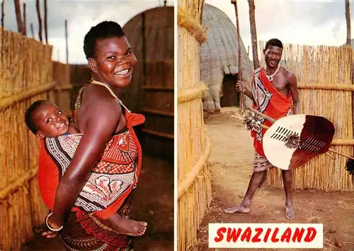 AK / Ansichtskarte  Swaziland_Swasiland A Swazi warrior complete with weapons and hide shield outside a typical homestead which he shares with his family