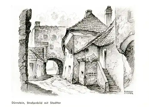 AK / Ansichtskarte  Duernstein_Wachau_AT Strassenbild mit Stadttor Zeichnung