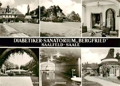 AK / Ansichtskarte 73918249 Saalfeld_Saale Diabetiker Sanatorium Bergfried Rotes Zimmer Park Schwimmbad Teehaeuschen