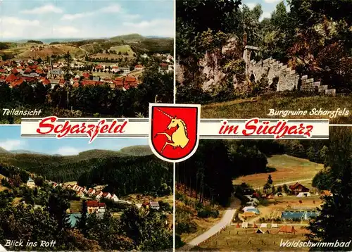 AK / Ansichtskarte 73918250 Scharzfeld_Herzberg_am_Harz Teilansicht Burgruine Scharzfels Blick ins Rott Waldschwimmbad