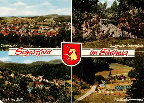 AK / Ansichtskarte  Scharzfeld_Herzberg_am_Harz Teilansicht Burgruine Scharzfels Blick ins Rott Waldschwimmbad