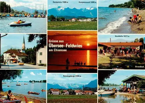 AK / Ansichtskarte  Feldwies_uebersee_Chiemsee Hochplatte Strassenpartie Kaisergebirge Strand Hochfelln Strandbad Restaurant