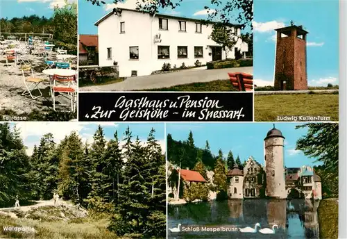 AK / Ansichtskarte 73918366 Oberwintersbach_Dammbach_Aschaffenburg Gasthaus Pension Zur Geishoehe Terrasse Ludwig Keller Turm Waldpartie Schloss Mespelbrunn