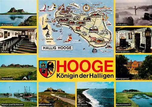 AK / Ansichtskarte  Hallig_Hooge Kirchwarft Kirche Hanswarft Hafen und Schleuse Land unter Koenigspesel Backenswarft Am Deich