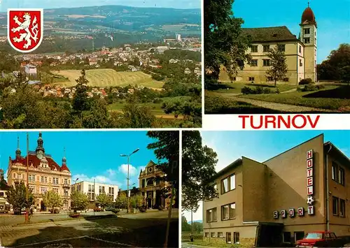 AK / Ansichtskarte 73918999 Turnov__Turnau_CZ Panorama Zamek Hruby Rohozec Namesti Pracujicich s obcheodnim domem Achat Hotel Sport